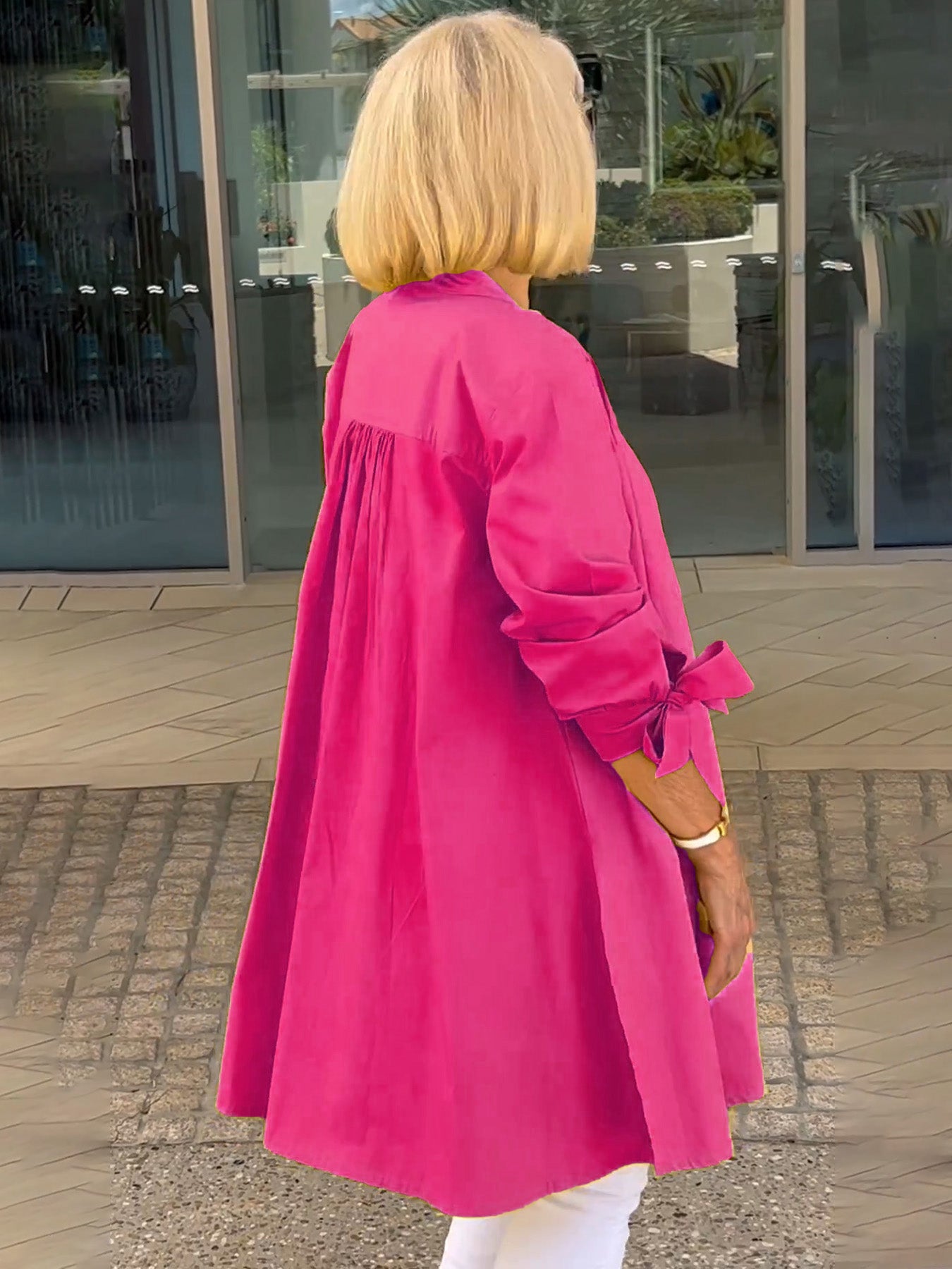Solid Color Long Cotton Shirt Jackets Women Swing Jacket Shap Flattering Gathered Yolk At The Back