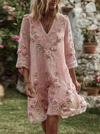 Women's Vintage Floral Art Print Flowy Linen Blend Casual Long Sleeve Mini Dress