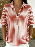 Casual Striped Polo Collar Snap Buttons Cotton-linen Shirt
