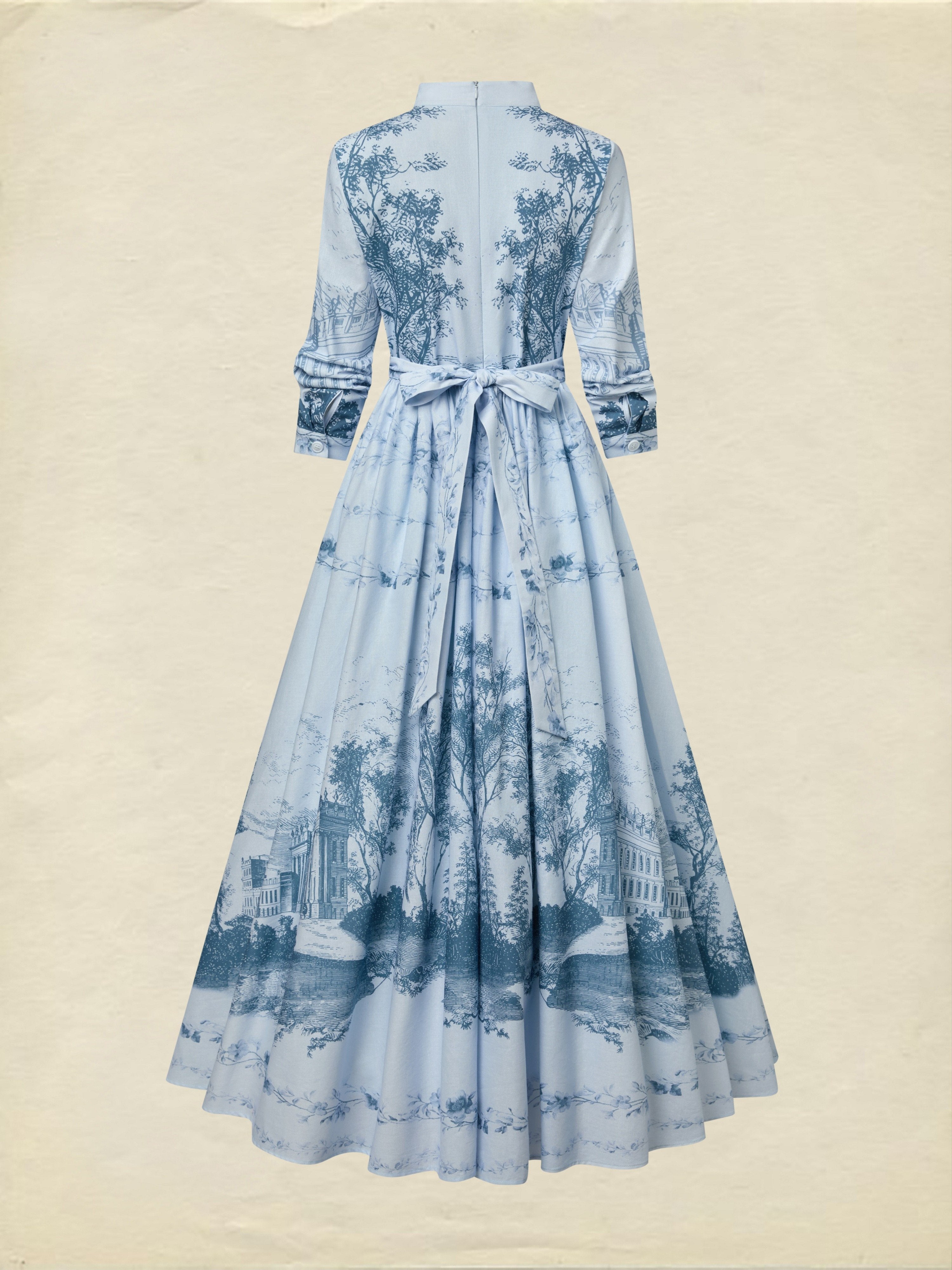 Maxi Cotton Dress, Long Sleeves, Stand Collar, Floral, Pocket Design, Vintage, Blue