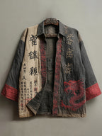Men's Retro Japanese Calligraphy And Dragon Art Pattern Linen Blend Long-sleeve Shirt