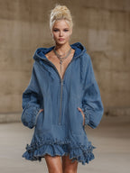Double-pocket Ruffled Hooded Long-sleeved Denim Mini Dress