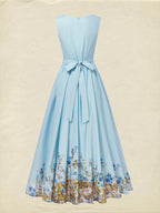 Maxi Linen Dress , Sleeveless, Round Neck, Floral, Button Design, French Vintage, Sky Blue