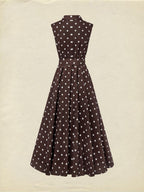 Midi Cotton Dress , Sleeveless, Shawl Collar, Polka Dots, Button Design, French Vintage, Purplish Blue