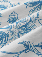 Midi Linen Dress, Short Sleeves, Sweetheart Neck, Floral, Ruffles, Vintage, Blue