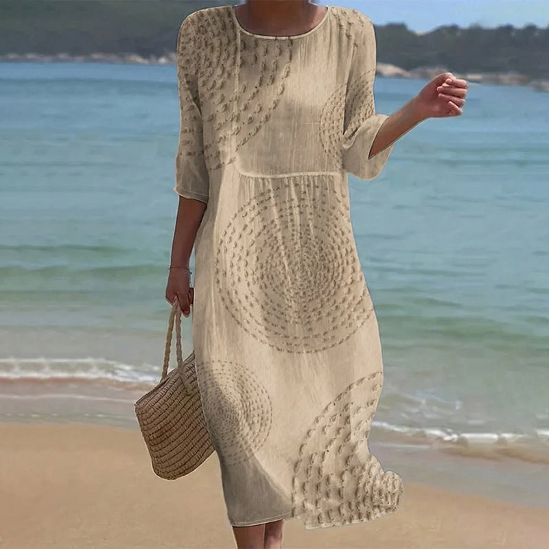 Vintage Patchwork Art Pattern Linen Blend Loose Three-quarter Sleeve Dress