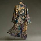 Men's Vintage Japanese Calligraphy Dragon Art Pattern Linen Blend Long Kimono