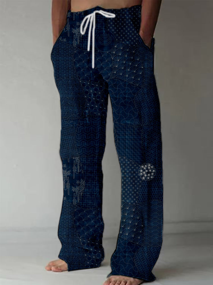 Men's Japanese Traditional Sashiko Art Linen Blend Casual Pants