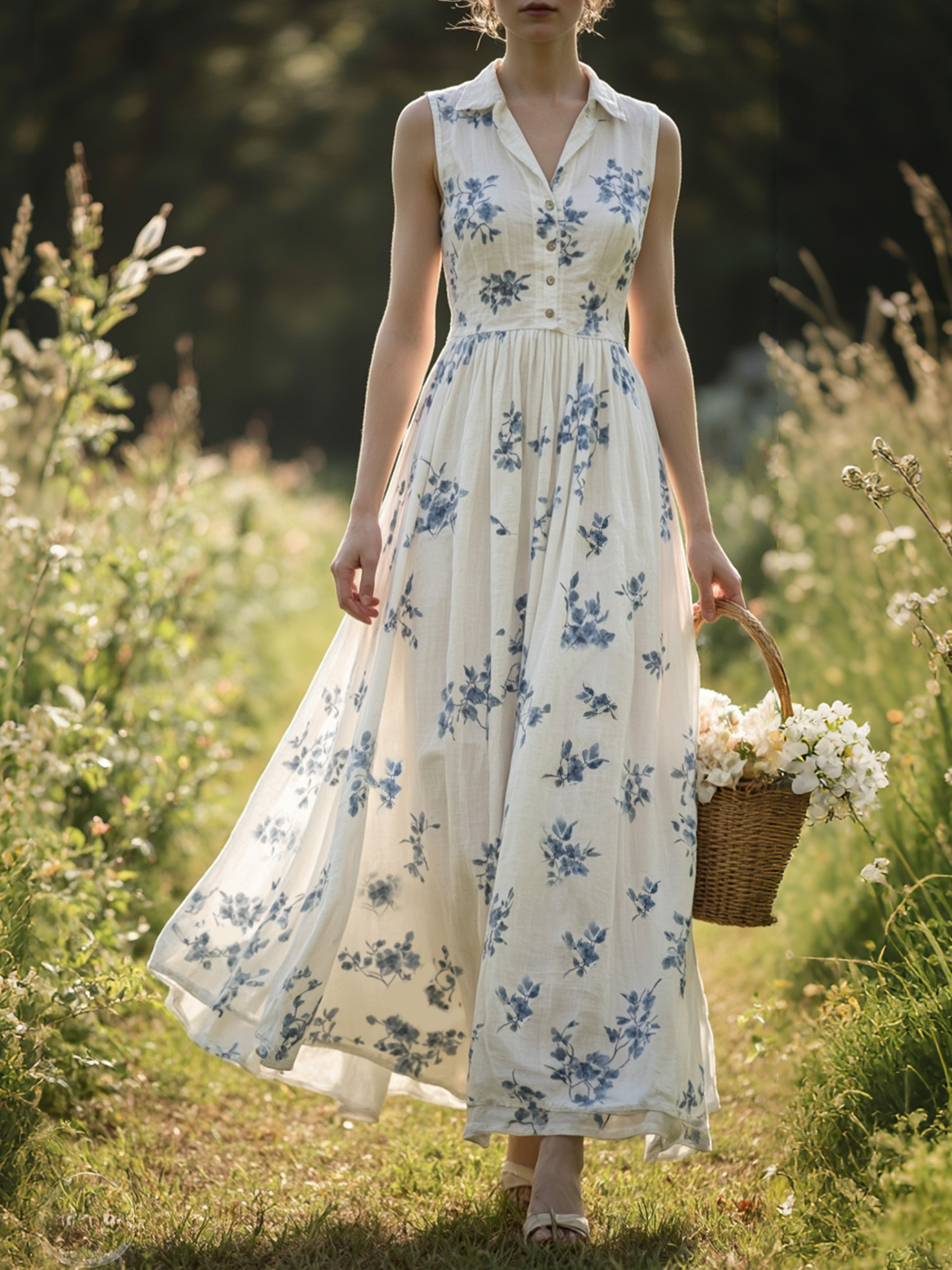 Linen Maxi Dress, Sleeveless, Shawl Collar, Floral , Vintage, White