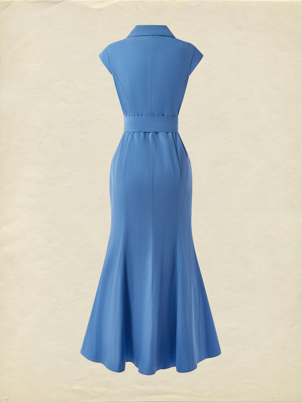 (SIZE:XS-XXL) Cotton Maxi Dress, Cap Sleeve, Lapel Collar, Plain, Vintage, Green