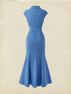 (SIZE:XS-XXL) Cotton Maxi Dress, Cap Sleeve, Lapel Collar, Plain, Vintage, Green
