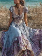 Boho Floral Embroidered Summer Fresh Flowy Linen Maxi Dress