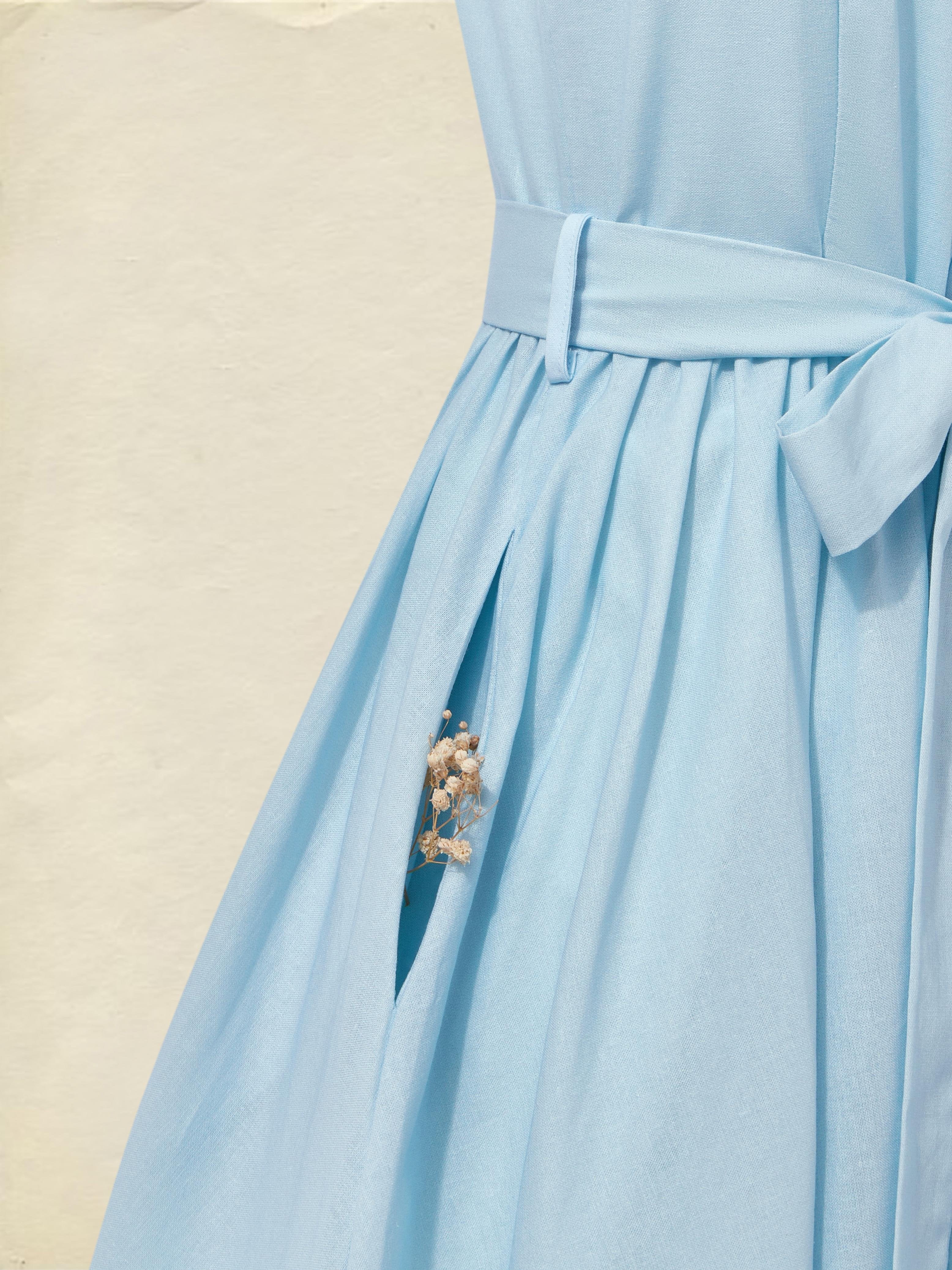 Maxi Linen Dress , Sleeveless, Round Neck, Floral, Button Design, French Vintage, Sky Blue
