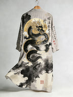 Men's Vintage Calligraphy Dragon Art Pattern Linen Blend Kimono