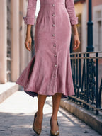 Midi Cotton Dress, Half Sleeve, Boat Neck, Plain, Button Design, Vintage, Pink