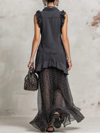 Women's Retro Lapel Denim Chiffon Patchwork Art Casual Long Dress