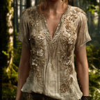 Bohemian Style Golden Sequin Flower Glowing Vintage V-neck Short-sleeved Shirt