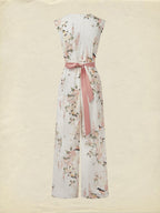 Linen Jumpsuit , Sleeveless, Round Neck, Floral, Button Design, Vacation, Vintage, White