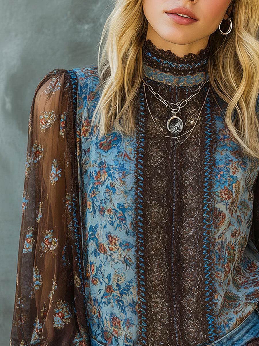 Vintage Boho Floral High Neck Sheer Lace Blouse With Puff Sleeve