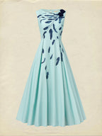 Maxi Linen Dress , Sleeveless, Round Neck, Feather Pattern, Pocket Design, Vintage, Sky Blue