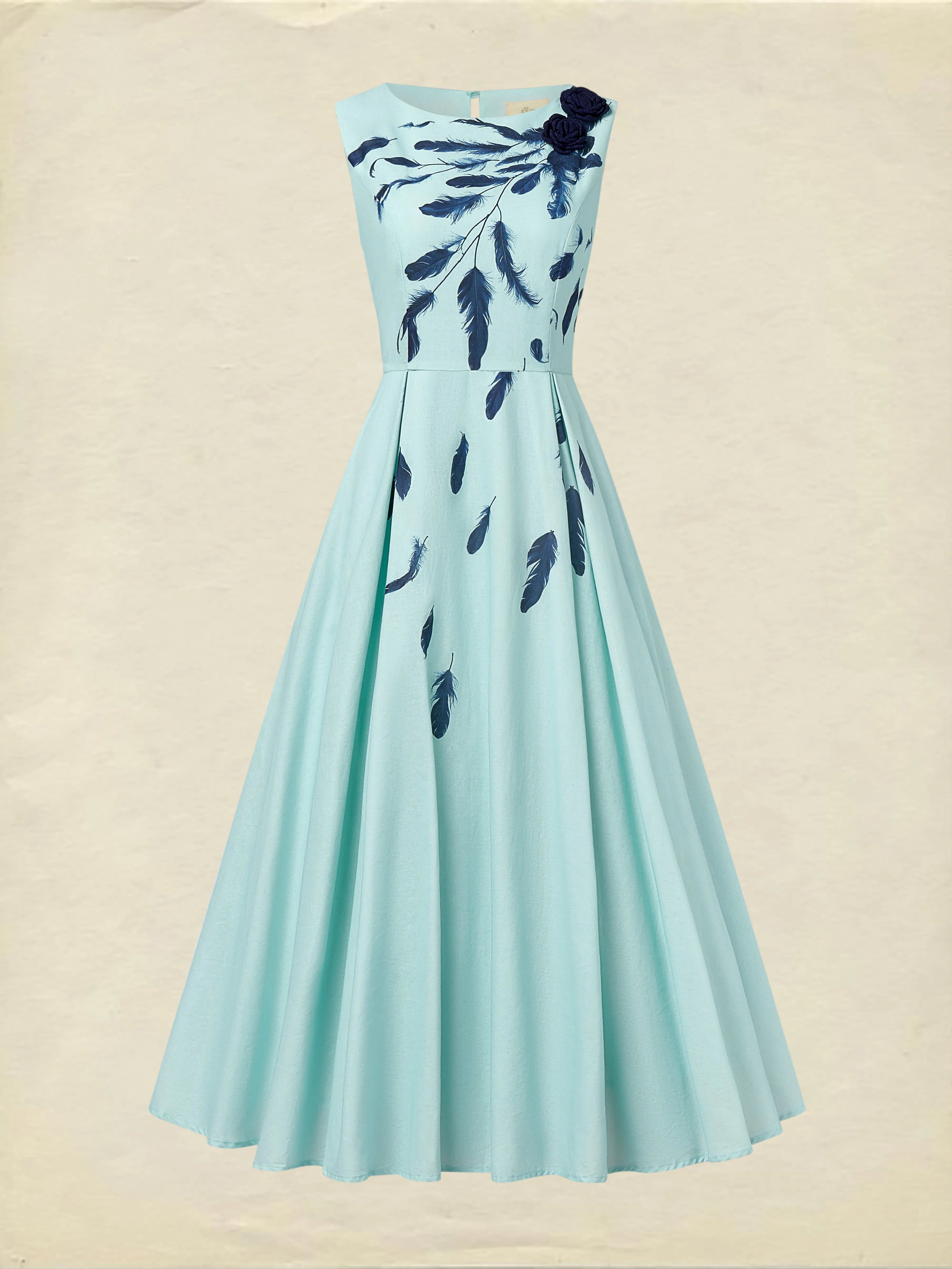 Maxi Linen Dress , Sleeveless, Round Neck, Feather Pattern, Pocket Design, Vintage, Sky Blue