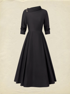 Midi Cotton Dress, Half Sleeve, Shawl Collar, Plain, Pocket Design, Vintage, Black