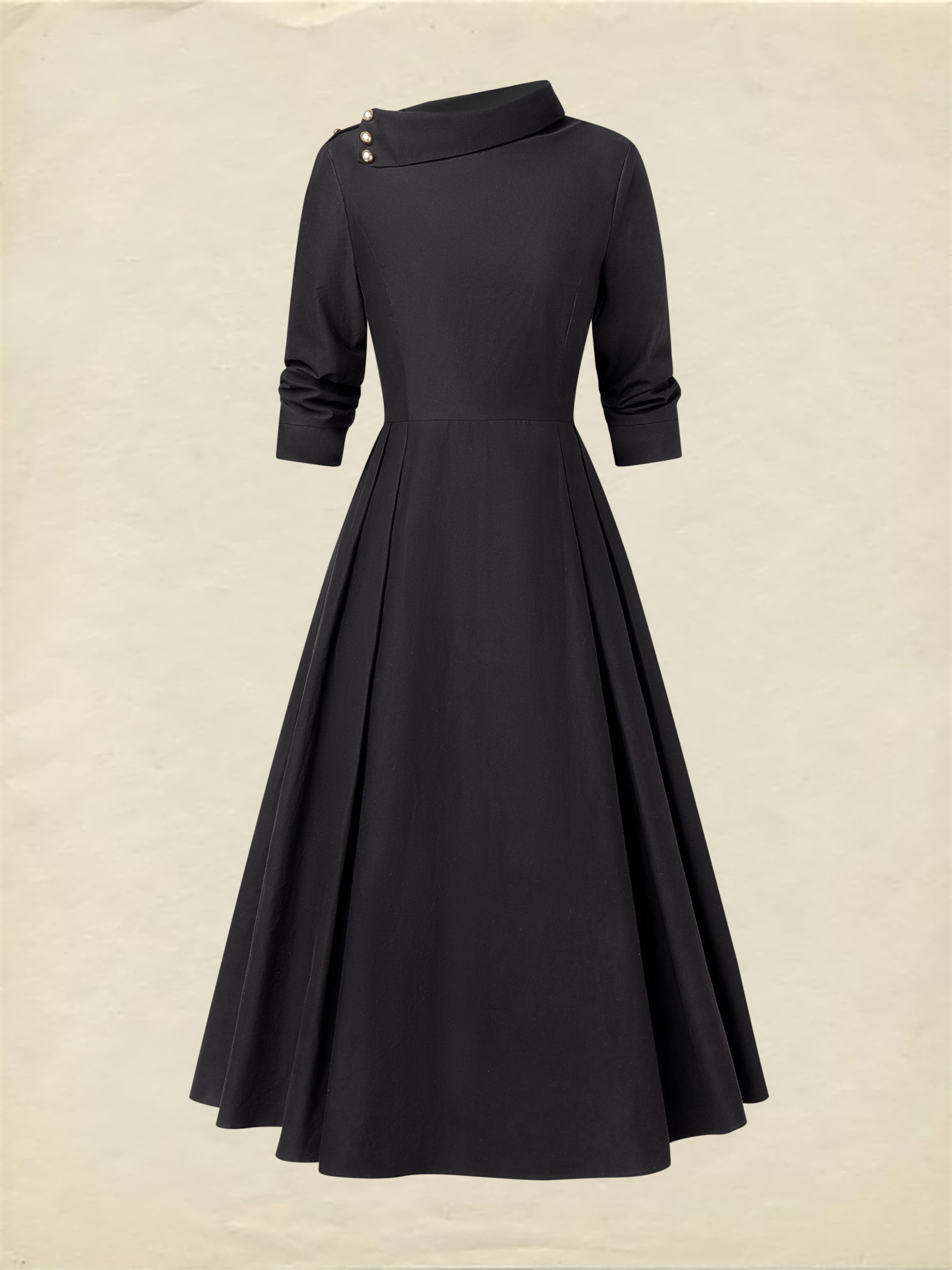 Midi Cotton Dress, Half Sleeve, Shawl Collar, Plain, Pocket Design, Vintage, Black