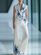 Urban Sleeveless Floral Printed Blazer and Trousers Set