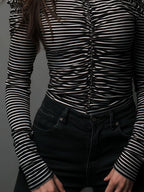 Classic High Neck Striped Cold-Shoulder Ruched Top
