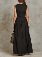 Retro Flap Pocket Cotton Maxi Dress