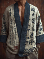 Men's Vintage Japanese Bamboo Calligraphic Art Linen Kimono