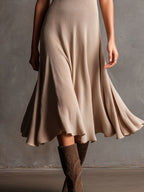 Scoop Neck Light Apricot Ribbed Knit Midi Dress With Flared Hem