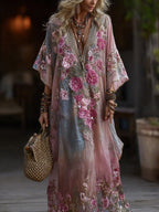 Vintage Boho Roses Embroidered Art Gradient V Neck Maxi Dress