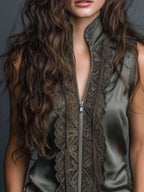 High Collar Olive Satin Lace Trim Sleeveless Blouse