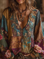 Bohemian Style Embroidered Flower Long-sleeved V-neck Bright Yellow Distressed Long-sleeved Top
