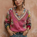 Women's Bohemian Flower Embroidery Art V-neck Casual Sweatshirt