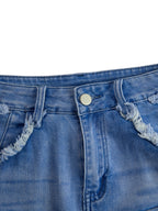 Vintage Washed Raw Edge Tassel Light Blue Denim Culottes