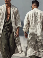 Men's Japanese Landscape Calligraphy Art Flowy Linen Long Kimono