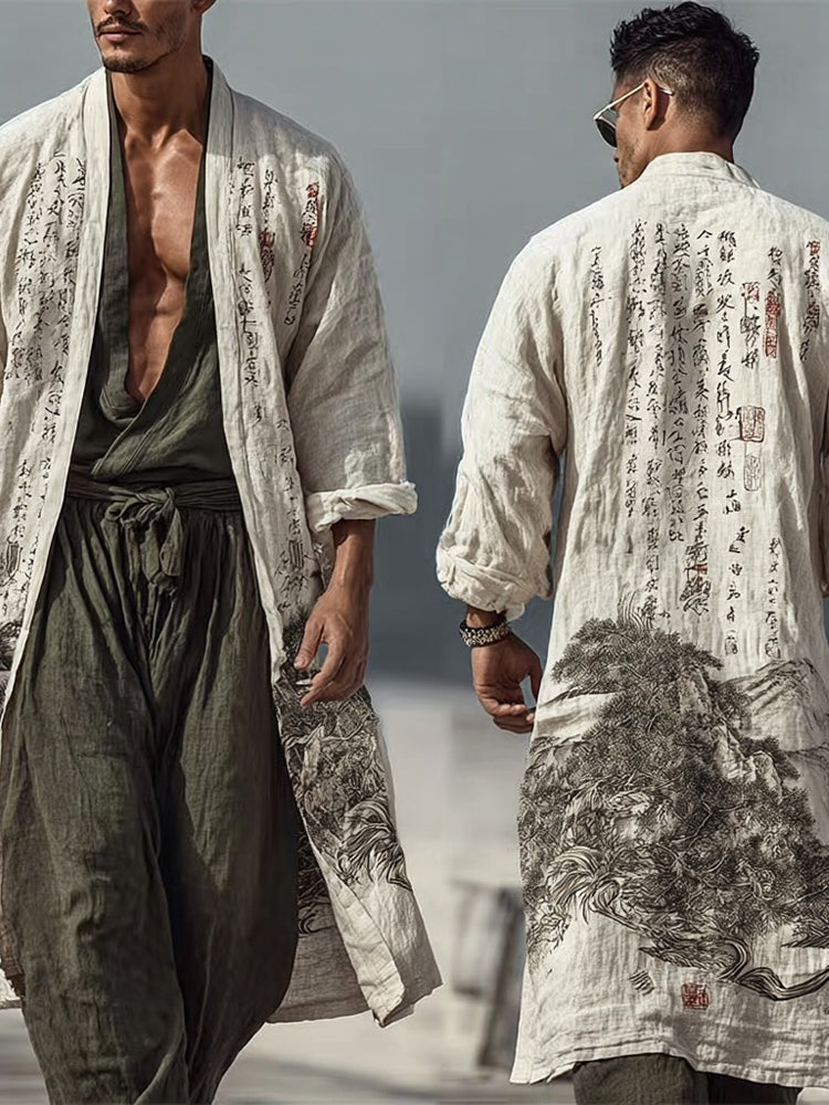 Men's Japanese Landscape Calligraphy Art Flowy Linen Long Kimono