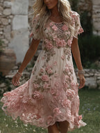 Women's Vintage Boho Floral Art Flowy Linen Blend Casual Short Sleeve Maxi Dress