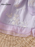 Art Retro Embroidery 3/4 Sleeve Patchwork Shirt