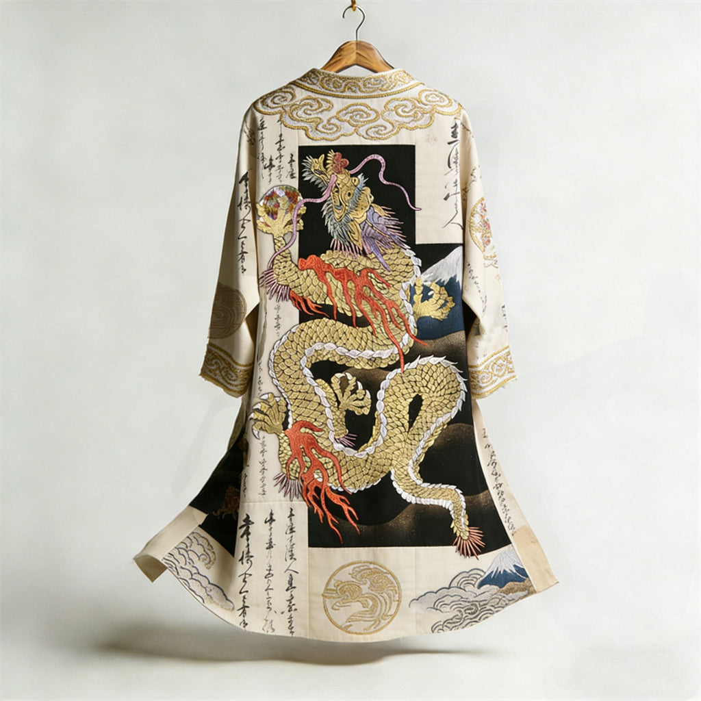Japanese Calligraphy Dragon Art Combined In A Linen Blend Kimono