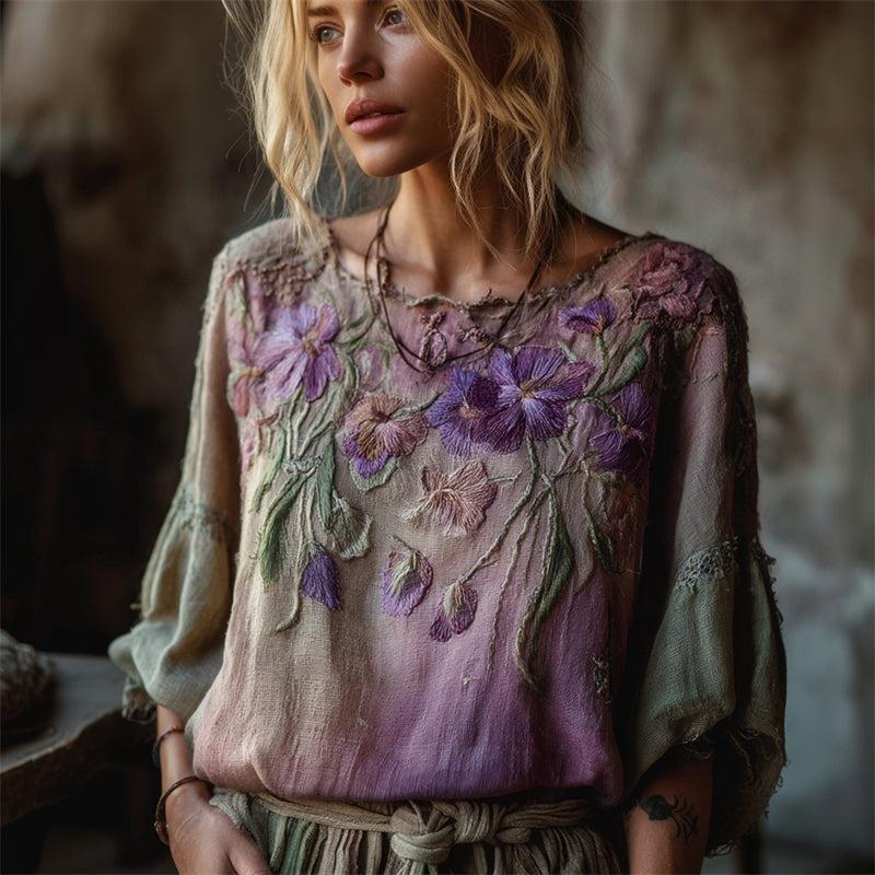 Vintage Pansy Floral Forest Gradient Flowy Linen Tunic
