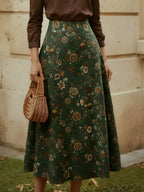Midi Linen Skirt, loral, Pocket Design, Vintage, Green