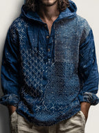 Men's Vintage Japanese Traditional Sashiko Art Linen Hooded Shirt
