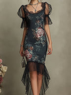 Vintage Floral Satin  Maxi Dress With Chiffon Fishtail Hem