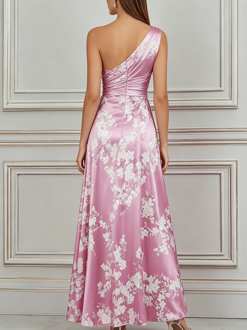 Blush Pink Cherry Blossom Print Satin Maxi Dress