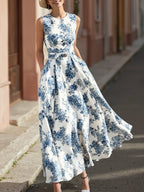 Maxi Linen Dress , Sleeveless, Round Neck, Floral, Belt Design, Vacation, Vintage, Blue