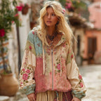 Women's Floral Embroidery Color Block Boho Casual Zip-up Hoodie