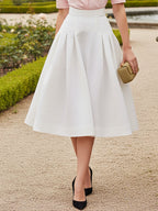 Midi Cotton Skirt, Plain, Lace, Vacation, Vintage, White